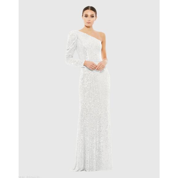 NWT IEENA FOR MAC DUGGAL WHITE SEQUINED ONE SHOULDER TRUMPET GOWN 2 - Picture 4 of 10